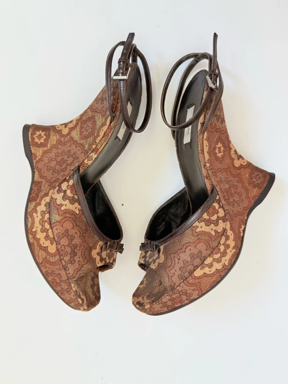 Prada Y2K Brocade Tapestry Wedge Sandals Brown Gold Jacquard Platform Heels 38